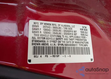 2004 Honda Odyssey Ex from USA, damaged, VIN 5FNRL18884B086017